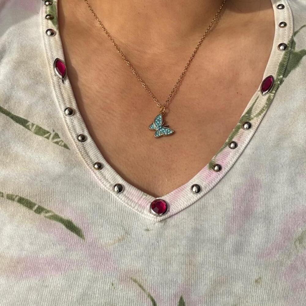 Gold blue bedazzle butterfly necklace